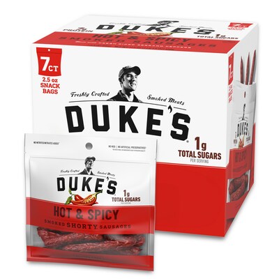 Dukes Hot and Spicy Smoked Shorty Sausages, 2.75 oz., 7 Bags/Carton (GOV02268)