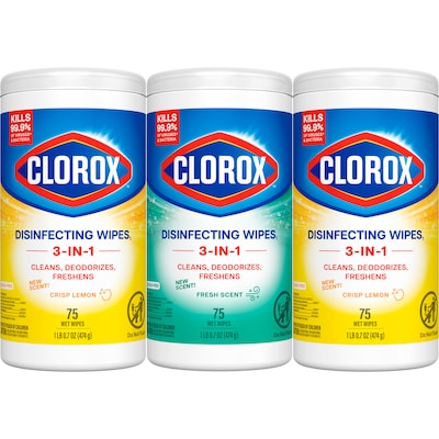 Clorox Disinfecting Wipes, Fresh/Crisp Lemon Scent, 75 Wipes/Container, 3/Pack (30208)