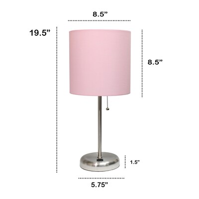 Creekwood Home Oslo 19.5" LED Table Lamp with USB Port, Brushed Steel/Light Pink Shade (CWT-2012-LP)