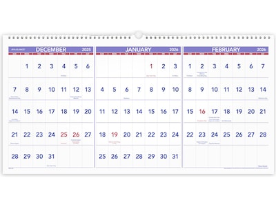 2024 -2026 AT-A-GLANCE 27 x 12 Three-Month Wall Calendar, White/Purple (PM14-28-25)
