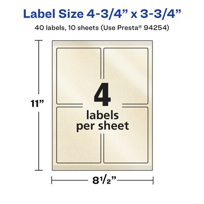 Avery Pearlized Ivory Rectangle Multipurpose Labels, 4.75" x 3.75", Ivory, 40/Pack (94254)
