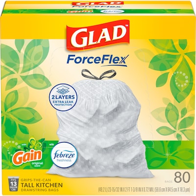 Glad ForceFlex Tall 13 Gallon Drawstring Kitchen Trash Bag, Gain Original with Febreze Freshness, White, 80 Total Bags (78750)