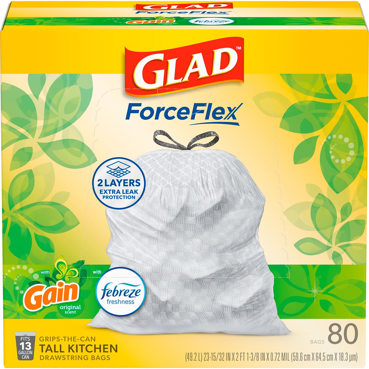Glad ForceFlex Tall 13 Gallon Drawstring Kitchen Trash Bag, Gain Original with Febreze Freshness, White, 80 Total Bags (78750)