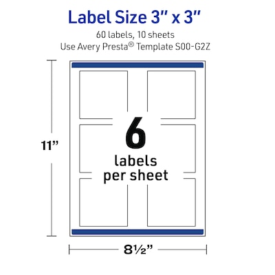 Avery Square Laser/Inkjet Multipurpose Labels, 3" x 3", White, 60/Pack (19479371052)