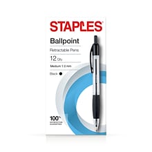 Staples® Retractable Ballpoint Pen, Medium Point, 1.0mm, Black Ink, Dozen (50793)