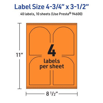 Avery Laser/Inkjet Multipurpose Decorative Edge Labels, 4.75" x 3.5", Bright Orange, 40/Pack (94600)