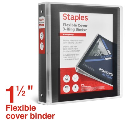 Staples Heavy Duty 1 1/2 3-Ring Flexible Poly Binders, Black (ST62615)
