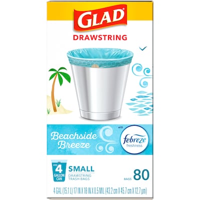 Glad 4 Gallon Drawstring Kitchen Trash Bags, Febreze Freshness Beachside Breeze Scent, Blue, 80/Box (79155)