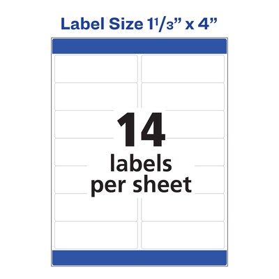 Avery Easy Peel Inkjet Address Labels, 1-1/3" x 4", White, 14 Labels/Sheet, 25 Sheets/Pack (8162)