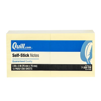 Quill Brand® Self Stick Notes, 3 x 3, Yellow, 100 Sheets/Pad, 12 Pads/Pack (7384YW)