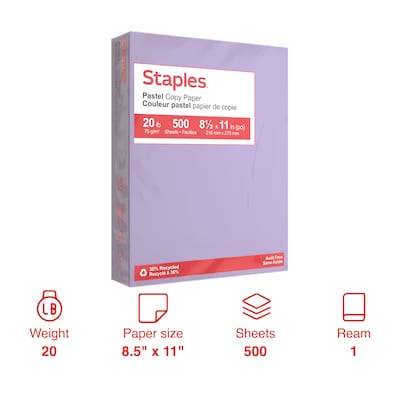 Staples® Pastel Multipurpose Paper, 20 lbs., 8.5" x 11", Lilac, 500/Ream (14782)