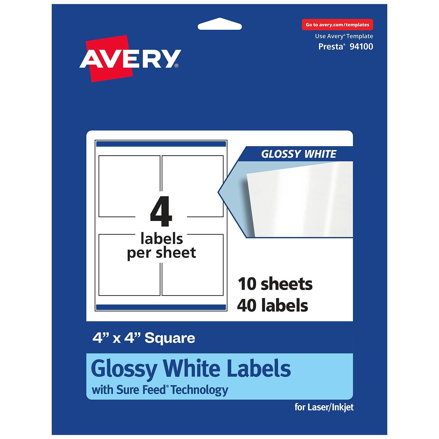 Avery Laser/Inkjet Square Labels, 4 x 4, White, 40 Labels/Pack (94100)