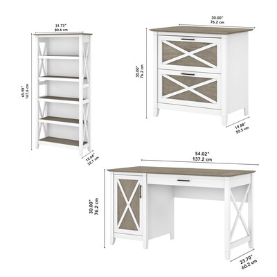 Bush Furniture Key West 54" Computer Desk with 2-Drawer Lateral File Cabinet and 5-Shelf Bookcase, Shiplap Gray/Pure White