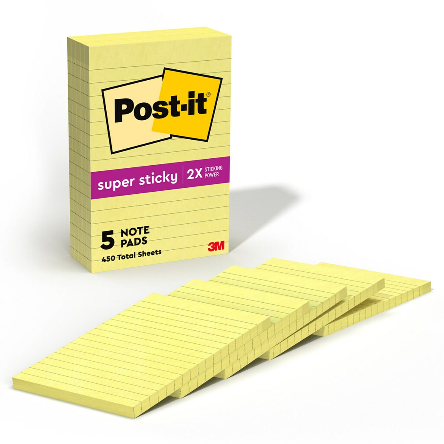 Post-it Super Sticky Notes, 4 x 6, Canary Collection, Lined, 90 Sheet/Pad, 5 Pads/Pack (6605SSCY)