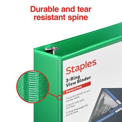Staples® Standard 2" 3 Ring View Binder with D-Rings, Green (55433)