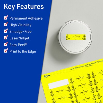 Avery Laser/Inkjet Rectangle Multipurpose Labels, 1" x 1.5", Neon Yellow, 320/Pack (94219)