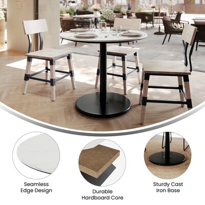 Flash Furniture Acadia 36" Round Wooden Dining Table with Round Base, White Faux Marble/Black Base (STRD36WMATR24)