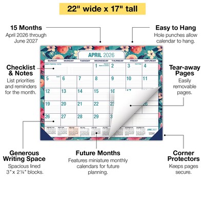 2026-2027 Excello Brands Large Print  22" x 17" Academic Monthly Desk Pad Calendar, Teal Floral (NAY27-2217DP-17)
