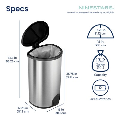 NineStars Stainless Steel Indoor Toe Tap Sensor Trash Can, 13.2 Gallons, Silver (TTT-50-19)