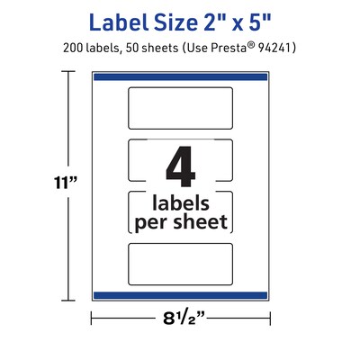Avery TrueBlock Laser/Inkjet Rectangle Multipurpose Labels, 2" x 5", White, 200/Box (94241)