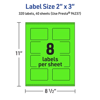 Avery Laser/Inkjet Multipurpose Rectangle Labels, 2" x 3", Neon Green, 320/Pack (94237)
