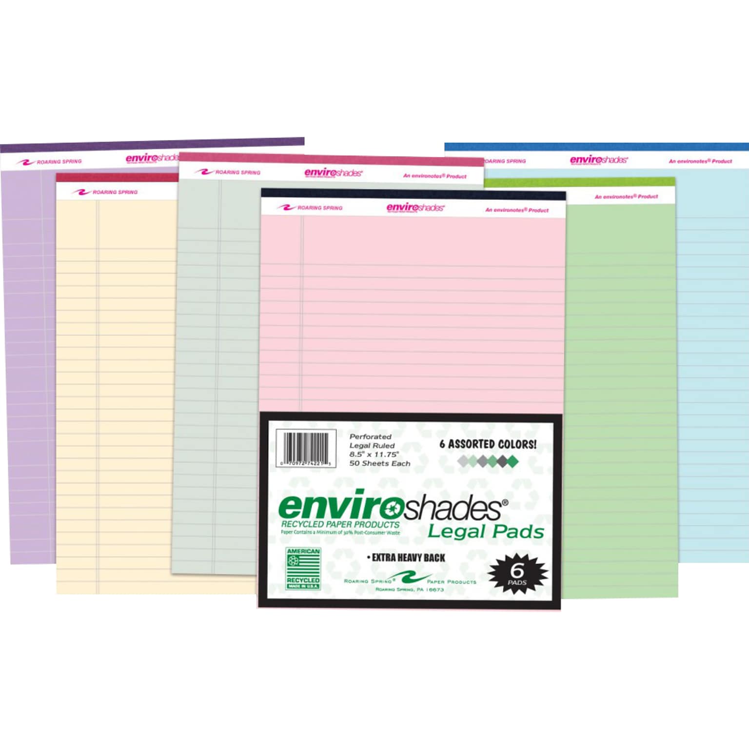 Roaring Spring Paper Products Legal Pads, Recycled Paper in Assorted Colors, 8.5 x 11.75, 50 Sheets/Pad, 6 Pads/Pack (74221)
