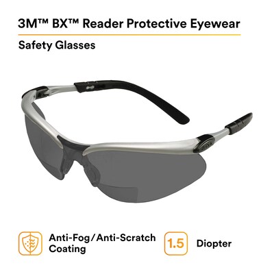 3M BX Anti-Fog +1.50 Safety Glasses, Over the Glasses, Gray Lens, 20/Carton (11377-00000-20)