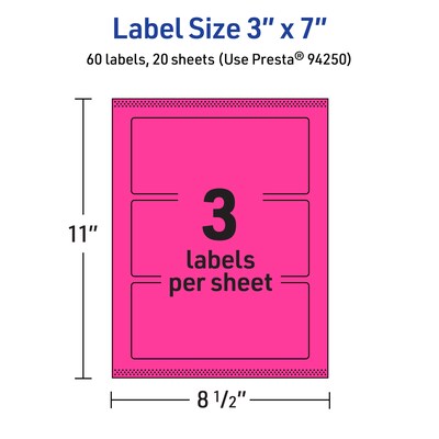 Avery Laser/Inkjet Rectangle Multipurpose Labels, 3" x 7", Neon Magenta, 60/Pack (94250)
