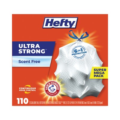 Hefty® Ultra Strong Tall Kitchen and Trash Bags, 13 gal, 0.9 mil, 23.75" x 24.88", White, 110/Box