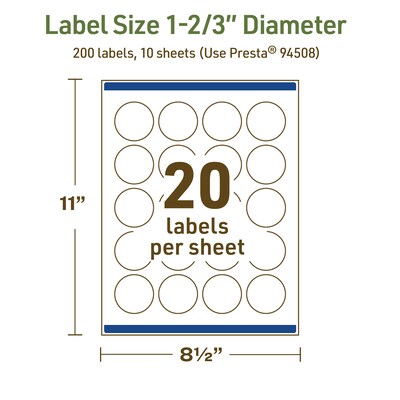 Avery Dissolvable Circle Multipurpose Labels, 1-2/3" Dia., Off-white, 200/Pack (94508)