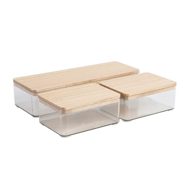 Martha Stewart Grady Plastic Stackable Storage Organizer with Light Natural Paulownia Wood Lid, Clear, 3/Set (GSBA13603WCLNT)