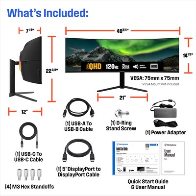 Westinghouse Ultrawide 49" Curved 120Hz LED AMD FreeSync Gaming Monitor, Built-In Speaker, Height Adjustable, Black (WC49BX6250)
