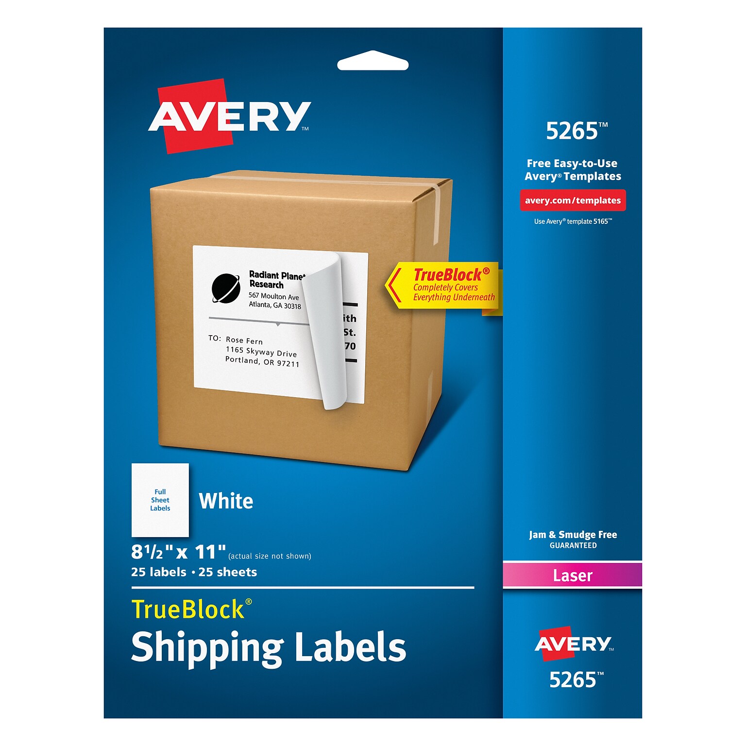 Avery TrueBlock Laser Shipping Labels, 8-1/2 x 11, White, 25 Labels/Pack (5265)