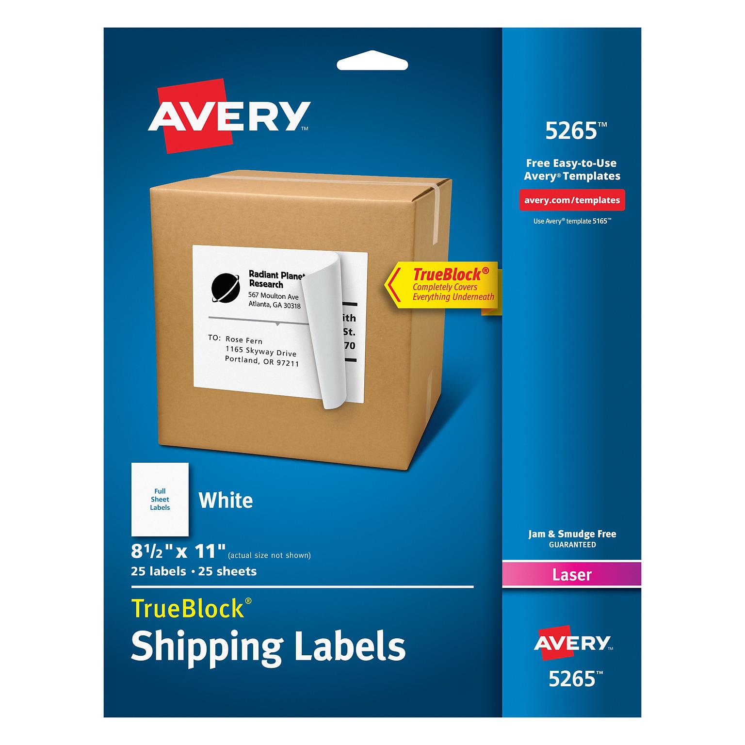 Avery TrueBlock Laser Shipping Labels, 8-1/2 x 11, White, 1 Label/Sheet, 25 Sheets/Pack (5265)