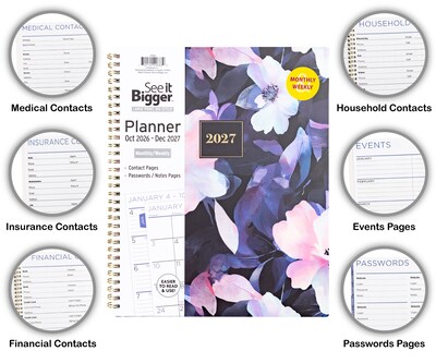 2026-2027 Overland Travelware 0.75" x 9.25" Calendar Year Weekly & Monthly Planner, Paperboard Cover, Black Floral (90688)