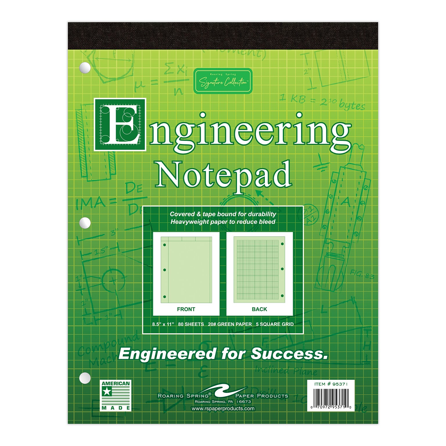 Signature Collection Covered Engineering Pad, Frame Front 1/2 Right Margin, Heavyweight 20 lb. Green Tint Paper