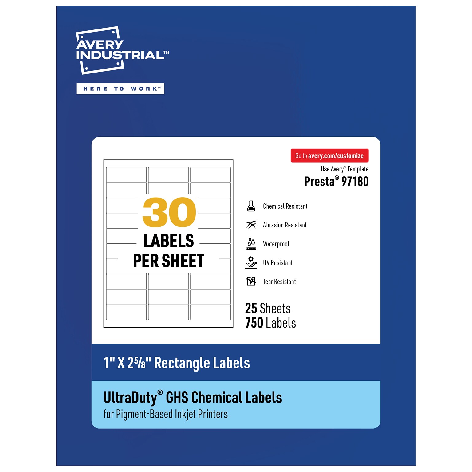 Avery Inkjet UltraDuty GHS Labels, 1 x 2 5/8, White, 750 Labels/Pack (97180)