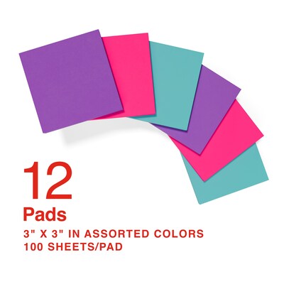 Staples Pop-up Sticky Notes, 3 x 3, Berry Blast Collection, 100 Sheets/Pad, 12 Pads/Pack (52225)