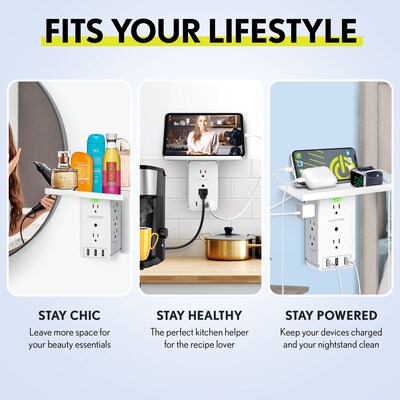 Overtime Wall Outlet Shelf, 8 Outlets and 3 USB Ports, Surge Protector, White (OTWP8O3USB)