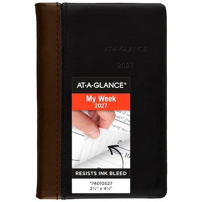 2027 AT-A-GLANCE Fine Diary 2.75 x 4.25 Weekly & Monthly Planner, Faux Leather Cover, Black/Brown (74-01-05-27)