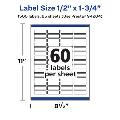 Avery Laser/Inkjet Rectangle Multipurpose Labels, 0.5" x 1.75", White, 1500 Labels/Pack (94204)