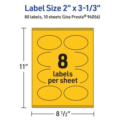 Avery Laser/Inkjet Oval Multipurpose Labels, 2" x 3-1/3", Bright Yellow, 80/Pack (94056)