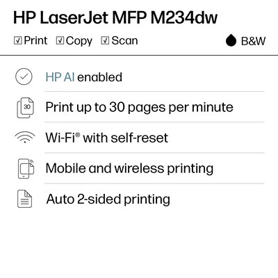 HP LaserJet Pro MFP M234dw Wireless Black & White Laser Printer, All-In-One, Print, Scan, Copy, Best for Home Office (6GW99F)