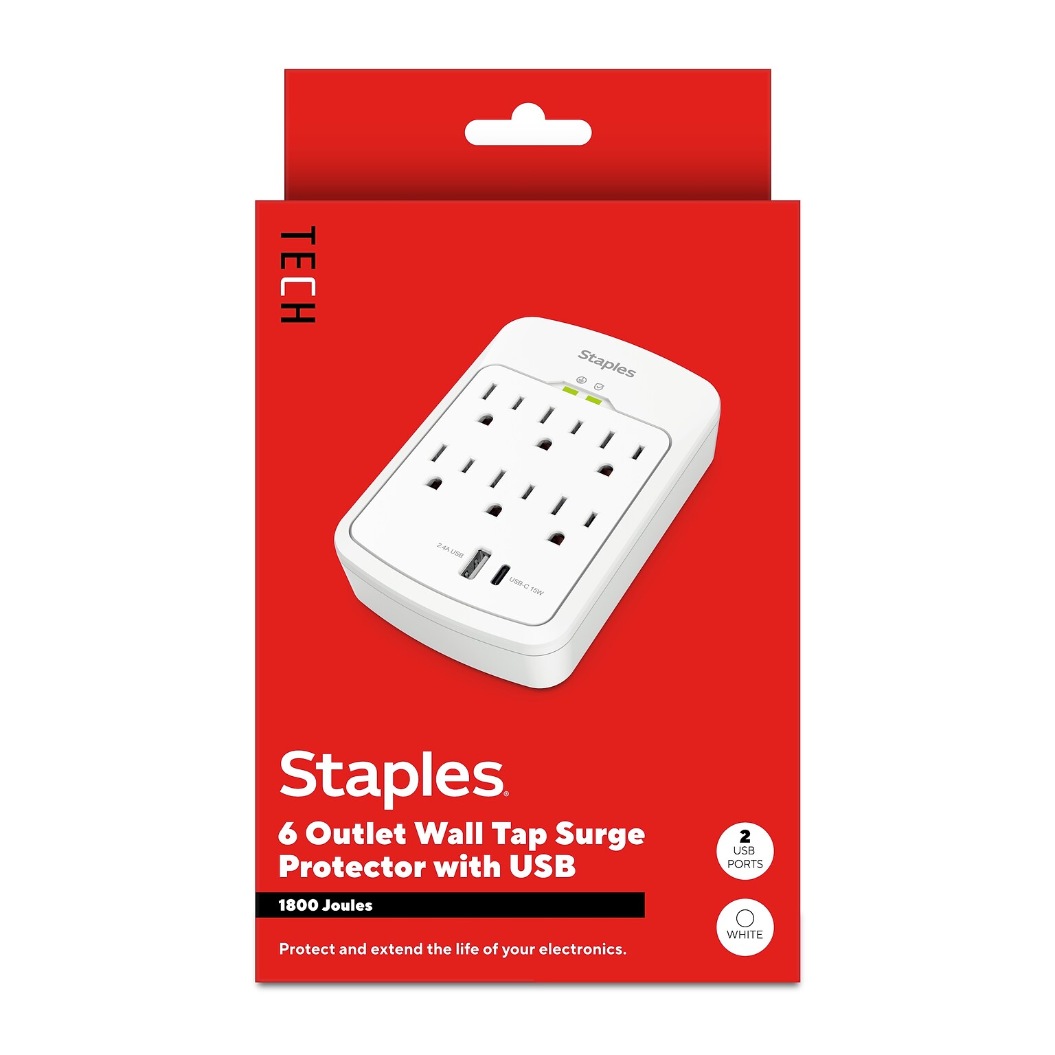 Staples TECH 6-Outlet 2-USB Port Surge Protector, 1800 Joules, White (ST62764)