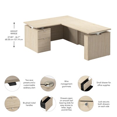 Bush Business Furniture Stratus 60"W Electric L-Shaped Adjustable Standing Desk with Cabinet, Natural Elm (SUT015NE)