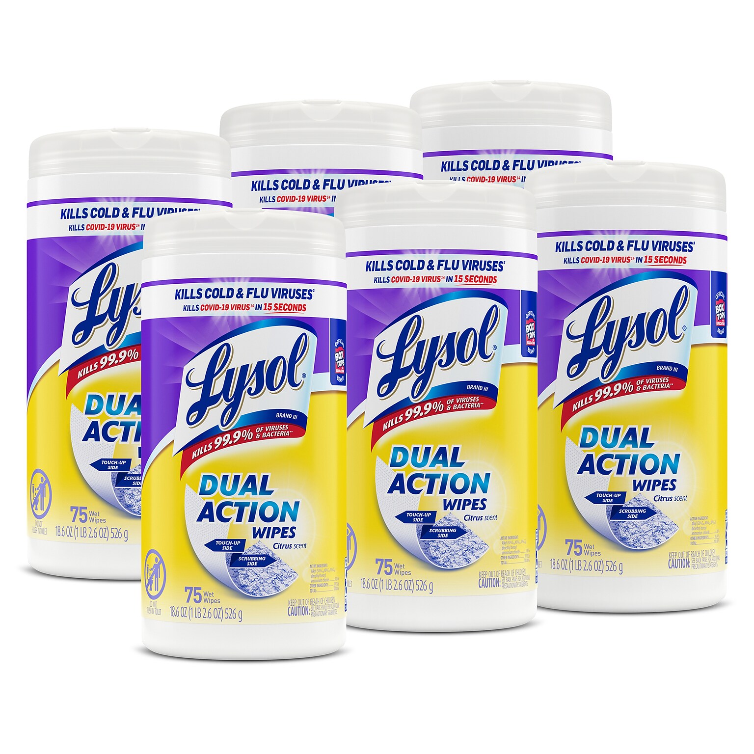 Lysol Dual Action Disinfecting Wipes, Citrus Scent, 75 Wipes/Canister, 6 Canisters/Carton (1920081700CT)