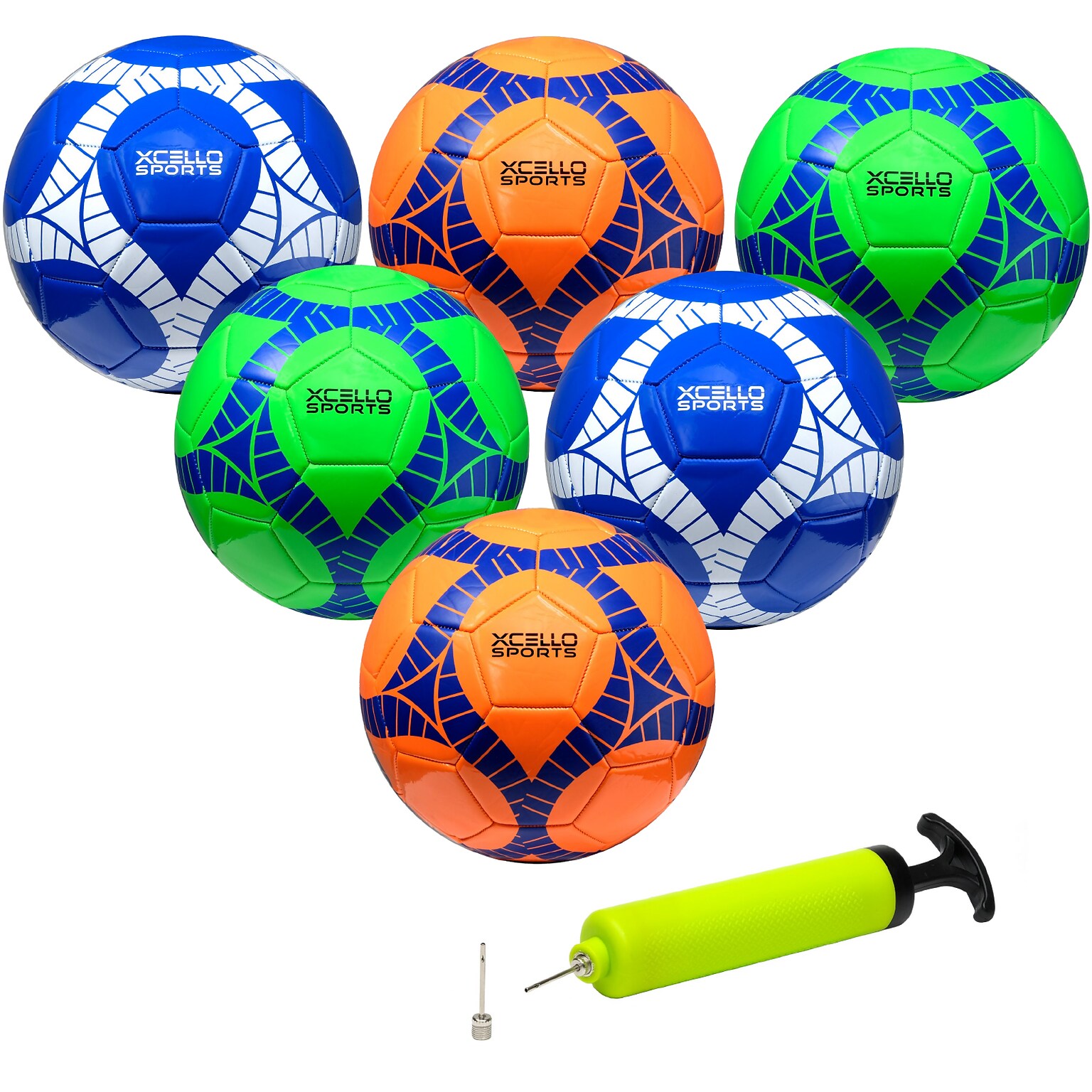 Xcello Sports Size 4 Soccer Balls with Pump, Orange/Green/Navy, 6/Pack (SB-S4-6-ASST-1)