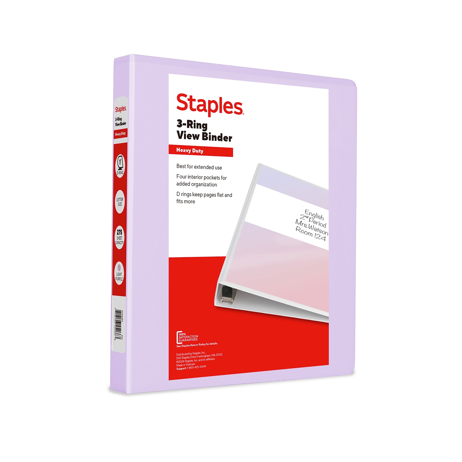 Staples Heavy Duty 1 3-Ring View Binder, D-Ring, Light Purple (ST63087)