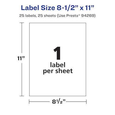 Avery Laser/Inkjet Waterproof Multipurpose Rectangle Labels, 8.5" x 11", White, 25 Labels/Pack (94269)