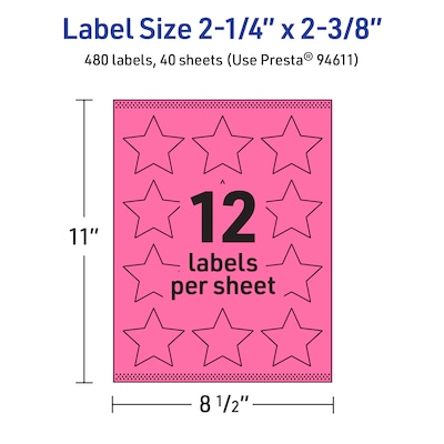Avery Star Laser/Inkjet Multipurpose Labels, 2-1/4" x 2-3/8", Bright Pink (480/Box)